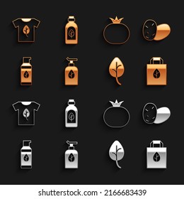 Set Organic cosmetic, Potato, Shopping bag with recycle, Leaf or leaves, Tomato, Vegan shirt and Essential oil bottle icon. Vector