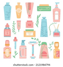 Set of organic cosmetic products. Natural cream, lotion and serum put in jars, bottles and tubes for facial and body skincare. Flat vector illustration isolated on white background. 