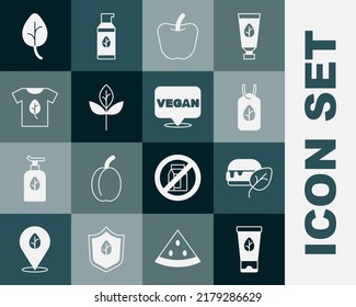 Set Organic cosmetic, Vegan food diet, Apple, Leaf or leaves, shirt,  and  icon. Vector