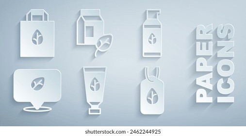 Set Organic cosmetic, Vegan food diet, milk and Shopping bag with recycle icon. Vector