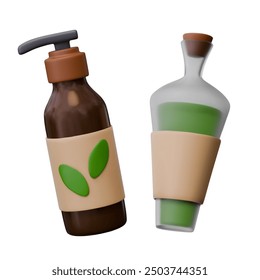 Set of organic cosmetics with blank labels. Corked glass bottle with green liquid, soap