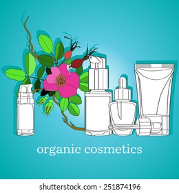 set of organic cosmetics bottles and tubes. vector illustration