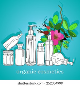 set of organic cosmetics bottles and tubes. vector illustration