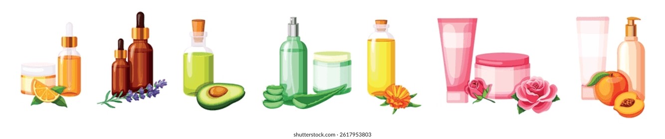 Set of organic cosmetics in cartoon style. Vector illustration of natural cosmetics: serums, jars, cream tubes, dispenser, spray, bottles.Orange, lavender, avocado, calendula,rose, peach in cosmetics.