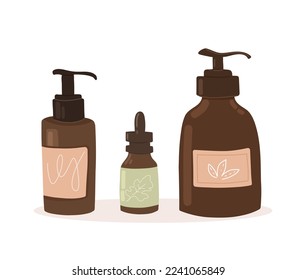 Set of organic cosmetics. Illustration Natural cream, serum, oil, scrub, shampoo, gel

