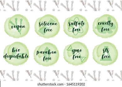 Set of organic cosmetics Ingredient Warning Label Icons. GMO, SLS, Paraben, Cruelty, Sulfate, Sodium, Phosphate, Silicone, Preservative Free Organic Product Stickers. Isolated vector