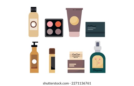 Set of organic cosmetics and makeup items in bottles, tubes and jars logo