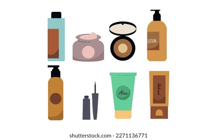 Conjunto de cosméticos orgánicos y artículos de maquillaje en el logotipo de botellas, tubos y jarras