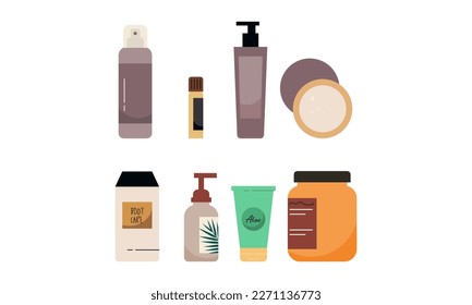 Set of organic cosmetics and makeup items in bottles, tubes and jars logo