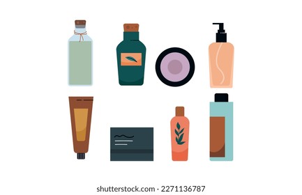 Conjunto de cosméticos orgánicos y artículos de maquillaje en el logotipo de botellas, tubos y jarras