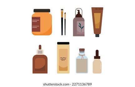 Conjunto de cosméticos orgánicos y artículos de maquillaje en el logotipo de botellas, tubos y jarras