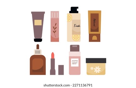 Set of organic cosmetics and makeup items in bottles, tubes and jars logo