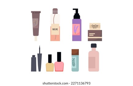 Conjunto de cosméticos orgánicos y artículos de maquillaje en el logotipo de botellas, tubos y jarras