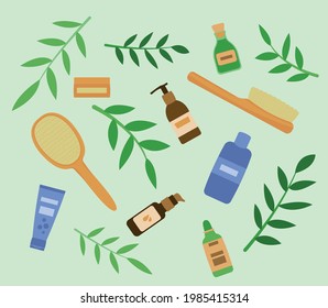 Set of organic cosmetics. Shower brushes, gel, lotion, shampoo, conditioner, ubtan, serum tubes and bottles. Bamboo leaves, light green background. Flat vector illustration