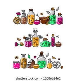 Set of organic cosmetics-glass bottles, flowers and leaves. Natural cosmetic. Beauty set. Hand drawn spa and aromatherapy elements. Cartoon vector sketch of natural cosmetic.