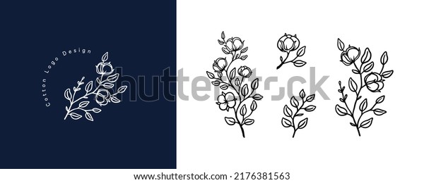 Set of organic cotton plant illustration and badges logo\
template. Vintage stamp labels for tag with isolated cotton flower.\
Collection of Hand drawn natural sign and rustic design element. \
