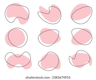 set of organic drops shaped in abstract pink color with line vector illustration isolated on transparent background. Doodles fall with outline circle. Menfice style