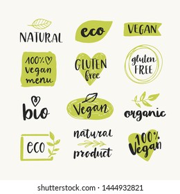 Set of organic, eco, bio, natural, gluten free, vegan food labels and vector design elements. Healthy food logo templates.