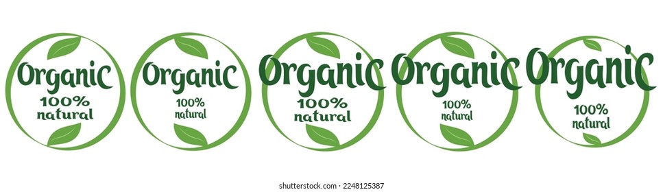 Set organic eco natural bio vegan sticker label logo icon. Logo with a pattern of green leaves. Ecological products. Stickers of eco-friendly products. Vector illustration of vegan organic food icons