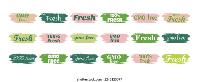 Set organic eco natural bio vegan sticker label logo icon. Logo with a pattern of green leaves. Ecological products. Stickers of eco-friendly products. Vector illustration of vegan organic food icons