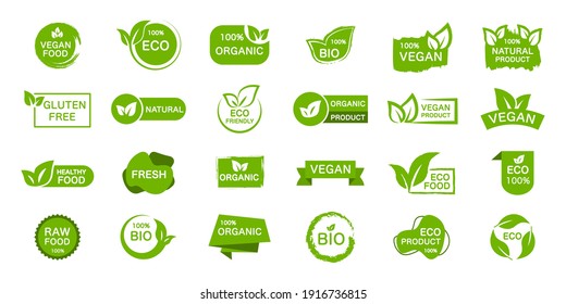 Set of organic, eco, vegan, bio food labels. Collection logos for healthy food. Green emblems for promotion natural products. Vector illustration.