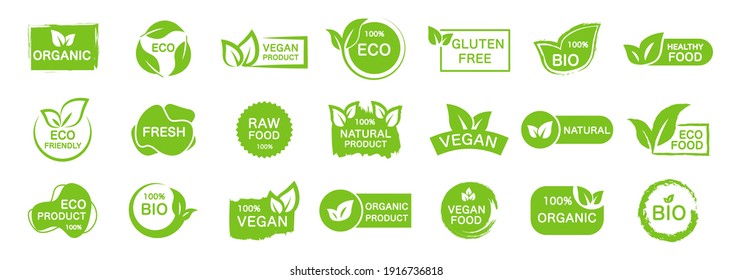 Set of organic, eco, vegan, bio food labels. Collection logos for healthy food. Green emblems for promotion natural products. Vector illustration. - Shutterstock ID 1916736818