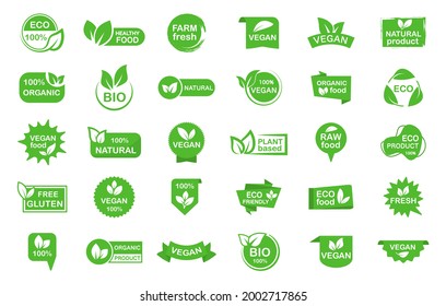 Set of organic, eco, vegan, bio food labels. Stickers of 100 percent, healthy, fresh, natural product. Collection logos and badges for healthy food. Green emblems for promotion vegan products.