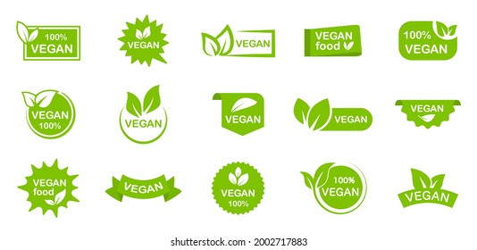 Set of organic, eco, vegan, bio food labels. Stickers of 100 percent, healthy, fresh, natural product. Collection logos and badges for healthy food. Green emblems for promotion vegan products.