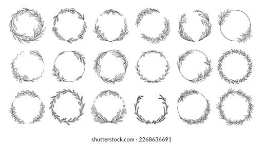 Conjunto de elegantes marcos redondos orgánicos. Borde floral o botánico minimalista con ramas de plantas y hojas florecientes. Diseñar elementos para invitaciones de boda. Colección vectorial lineal de dibujos animados