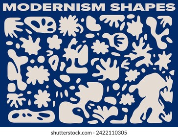 Eine Reihe von organischen Figuren, handgezeichnet mit Tinte. Abstrakte Formen im neo-psychedelischen Stil der Moderne.