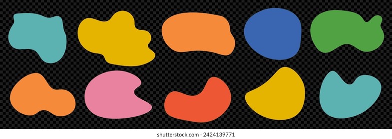 A set of organic flowing shapes in different colors on a transparent background. Trendy contemporary illustration elements. 