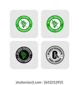 A set of organic food badge labels with the message "no added preservative".