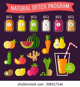 Set of organic food with different detox program represented in special bottles. Fully editable vector illustration. Perfect for detox program illustrations.