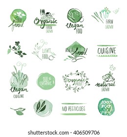 Set of organic food hand drawn watercolor labels and badges. Vector illustrations for organic food and drink, restaurant and organic products.