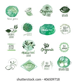 Set of organic food hand drawn watercolor stickers and badges. Vector illustrations for organic food and drink, restaurant and organic products.