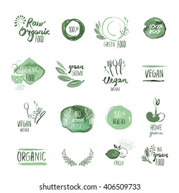 Set of organic food hand drawn watercolor stickers and elements. Vector illustrations for organic food and drink, restaurant and organic products.