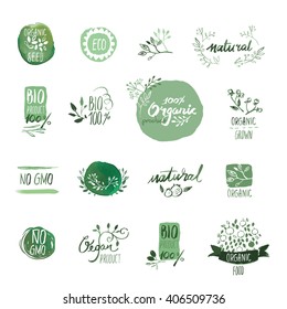 Set of organic food hand drawn watercolor badges and elements. Vector illustrations for organic food and drink, restaurant and organic products.