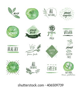 Set of organic food hand drawn watercolor labels and elements. Vector illustrations for organic food and drink, restaurant and organic products.