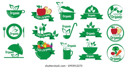 Set of Organic food icons. Vegan, vegetarian, heatlhy food, Restaurant logos, Vector illustration. simple button icons collection. Ecology, green, bio, food, health. Design, web, banner, logos element
