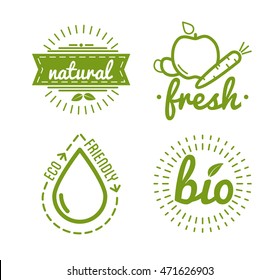 Set of organic food labels and design elements or eco product. Vector Illustration.
