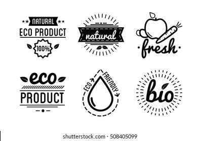 Set of organic food labels and design elements or eco product. Vector Illustration.