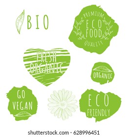 Set of organic food labels. Eco product badges and elements for card design for organic food, healthy product, 100% natural concepts. Vector illustration for your design.