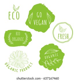 Set of organic food labels. Eco product badges and elements for card design for organic food, healthy product, 100% natural concepts. Vector illustration for your design.