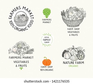 Set of organic food labels, symbols harvest and farmers market. Vector hand drawn illustration in vintage style.