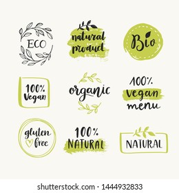 Set of organic food labels and vector design elements. Bio, organic, gluten free, eco, vegan, healthy food labels. Organic food logo templates.