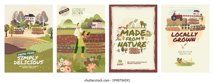 Set of organic food poster templates. Vector illustrations on the topic of organic food production, gardening, farming, agriculture. Concepts for background, brochure covers, marketing material.