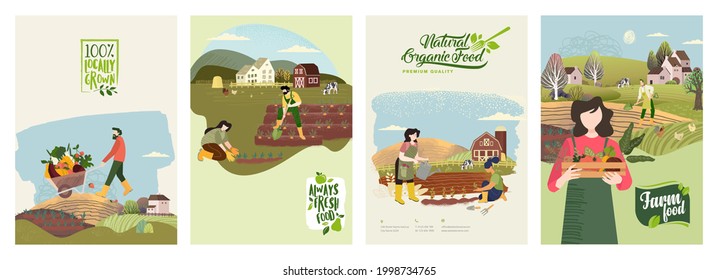 Set of organic food poster templates. Vector illustrations on the topic of organic food production, gardening, farming, agriculture. Concepts for background, brochure covers, marketing material.