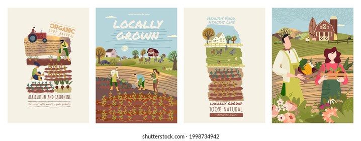 Set of organic food poster templates. Vector illustrations on the topic of organic food production, gardening, farming, agriculture. Concepts for background, brochure covers, marketing material.