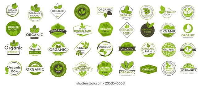 Set of Organic product logo. Food stamps, badges and emblems with leaves in a vector illustration