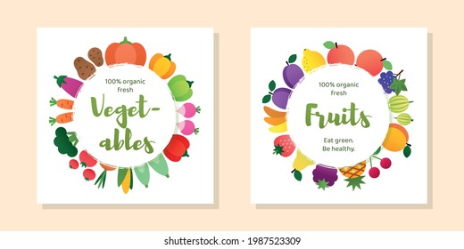 Conjunto de plantillas de alimentos orgánicos. Marcos vectoriales redondos con frutas y verduras brillantes. Se puede utilizar para el volante, menú, banner o el logotipo de la tienda de Greengrocery.